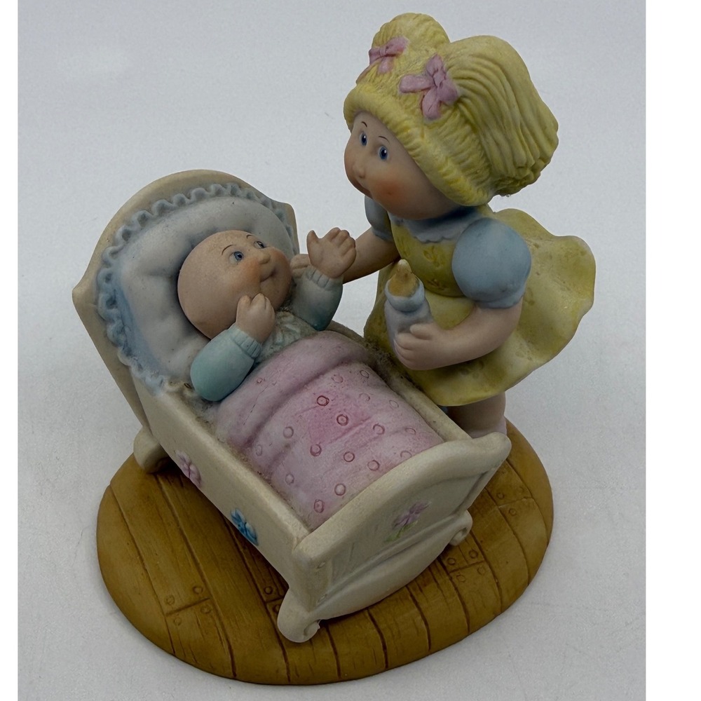 Vintage 1984 Cabbage Patch Kids Porcelain Figurine Girl with Baby in Cradle